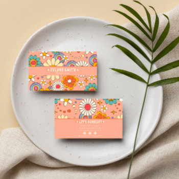Retro Pink Orange Groovy Floral Boho Girly Trendy Business Card by marshopART at Zazzle