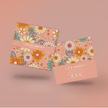 Retro Pink Orange Groovy Floral Boho Girly Trendy Square Business Card by marshopART at Zazzle