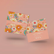Retro Pink Orange Groovy Floral Boho Girly Trendy Square Business Card at Zazzle