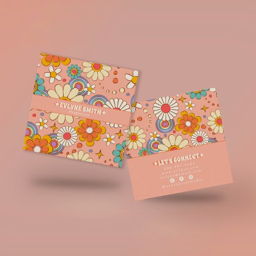 Retro Pink Orange Groovy Floral Boho Girly Trendy Square Business Card