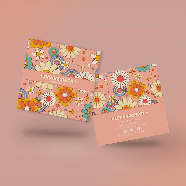 Retro Pink Orange Groovy Floral Boho Girly Trendy Square Business Card (Creator Uploaded)