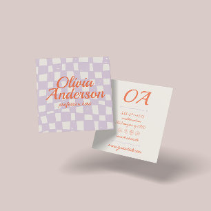 Retro Pink Orange Hand Drawn Checkered Groovy Girl Square Business Card