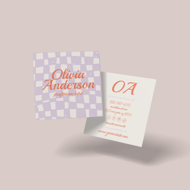 Retro Pink Orange Hand Drawn Checkered Groovy Girl Square Business Card (Creator Uploaded)