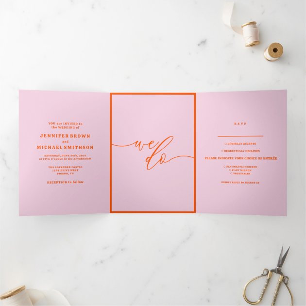 Retro pink orange Modern Wedding Tri-Fold Card