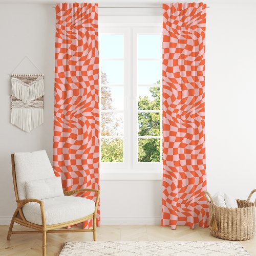Custom Window Curtains 16 Retro Pink Orange Optical Illusion Wavy Checkered Blackout Curtains