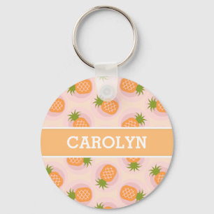 Retro pink orange pineapple patterns monogram keychain