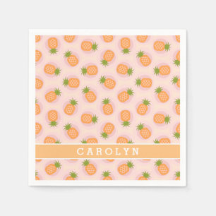 Retro pink orange pineapple patterns monogram napkins