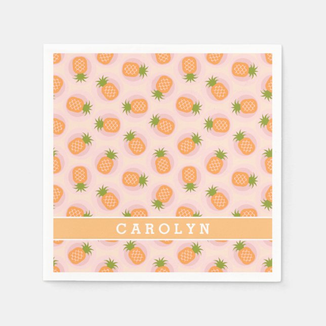 Retro pink orange pineapple patterns monogram napkins (Front)