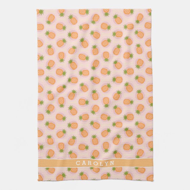 Retro pink orange pineapple patterns monogram towel (Vertical)