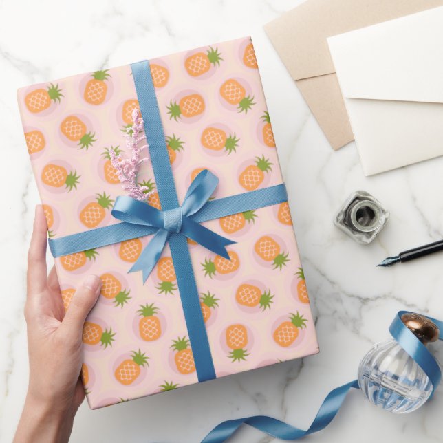 Retro pink orange pineapple patterns monogram wrapping paper (Gifting)