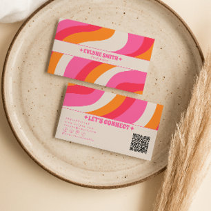 Retro Pink Orange QR Code Boho Groovy Girly Trendy Business Card