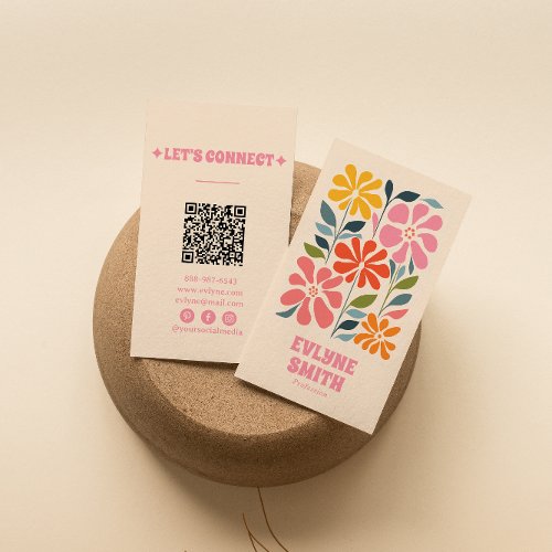 Retro Pink Orange QR Code Groovy Floral Girly Boho Business Card