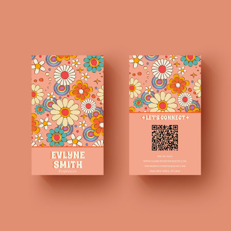 Retro Pink Orange Qr Code Groovy Floral Trendy Business Card