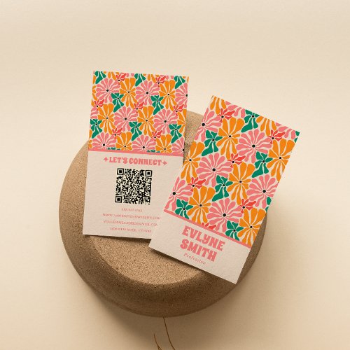 Retro Pink Orange QR Code Groovy Floral Trendy Business Card