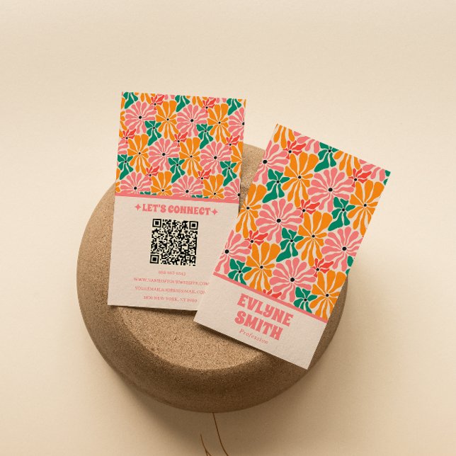 Retro Pink Orange QR Code Groovy Floral Trendy Business Card (Creator Uploaded)