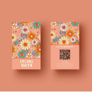 Retro Pink Orange Qr Code Groovy Floral Trendy Business Card at Zazzle