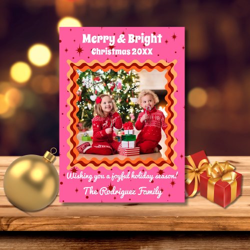 Retro Pink Orange Red 70s Merry  Bright Christmas Holiday Card