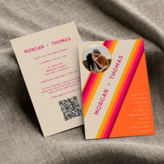 Retro Pink Orange Stripes 70s 80s QR Code Wedding