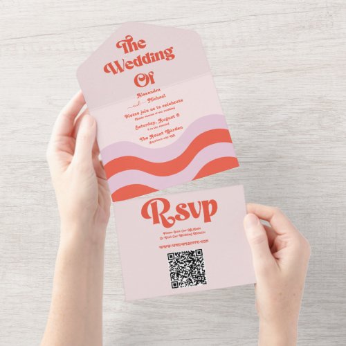 Retro Pink Orange Typography QR Code Wedding  All In One Invitation