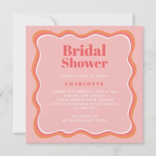 Retro Pink Orange Wavy Border Bridal Shower Invitation