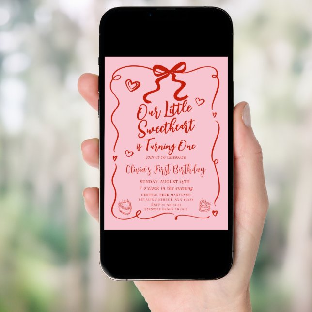 Retro Pink Our Little Sweetheart Red 1st Birthday Invitation (Front Digital)