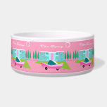 Retro Pink Palm Springs Ceramic Pet Bowl<br><div class="desc">Between the pink background, turquoise mid century modern home, and the classic 1950s car, this design couldn’t be more Palm Springs if it said it in the clouds. Oh, wait, it does say it in the clouds! The blue and teal stone of the house is offset by the sputnik light...</div>
