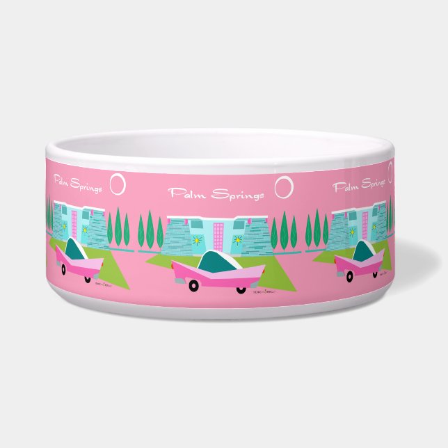 Retro Pink Palm Springs Ceramic Pet Bowl (Front)