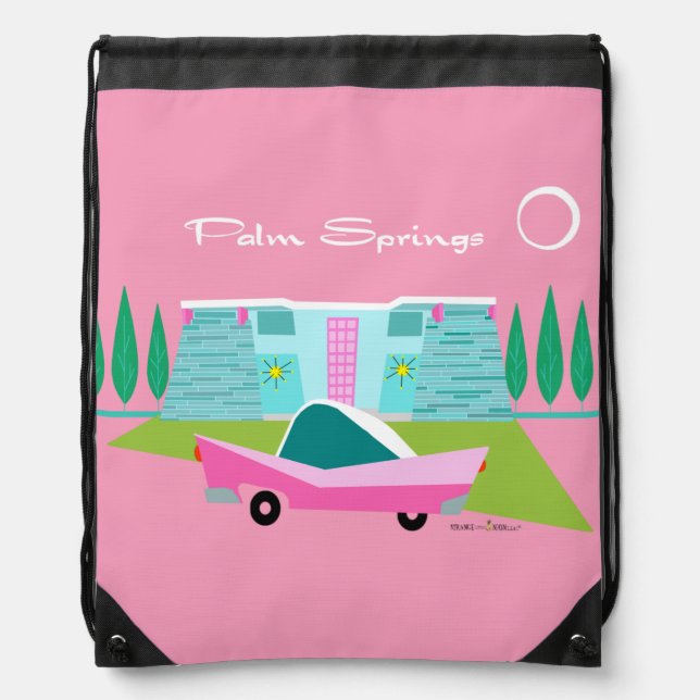 Retro Pink Palm Springs Drawstring Backpack (Front)