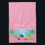 Retro Pink Palm Springs Kitchen Towels<br><div class="desc">Between the pink background, turquoise mid century modern home, and the classic 1950s car, this design couldn’t be more Palm Springs if it said it in the clouds. Oh, wait, it does say it in the clouds! The blue and teal stone of the house is offset by the sputnik light...</div>