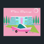 Retro Pink Palm Springs Postcard<br><div class="desc">Between the pink background, turquoise mid century modern home, and the classic 1950s car, this design couldn’t be more Palm Springs if it said it in the clouds. Oh, wait, it does say it in the clouds! The blue and teal stone of the house is offset by the sputnik light...</div>