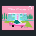Retro Pink Palm Springs Poster<br><div class="desc">Between the pink background, turquoise mid century modern home, and the classic 1950s car, this design couldn’t be more Palm Springs if it said it in the clouds. Oh, wait, it does say it in the clouds! The blue and teal stone of the house is offset by the sputnik light...</div>