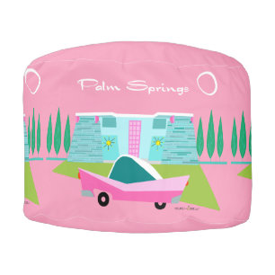 Retro Pink Palm Springs Round Pouf