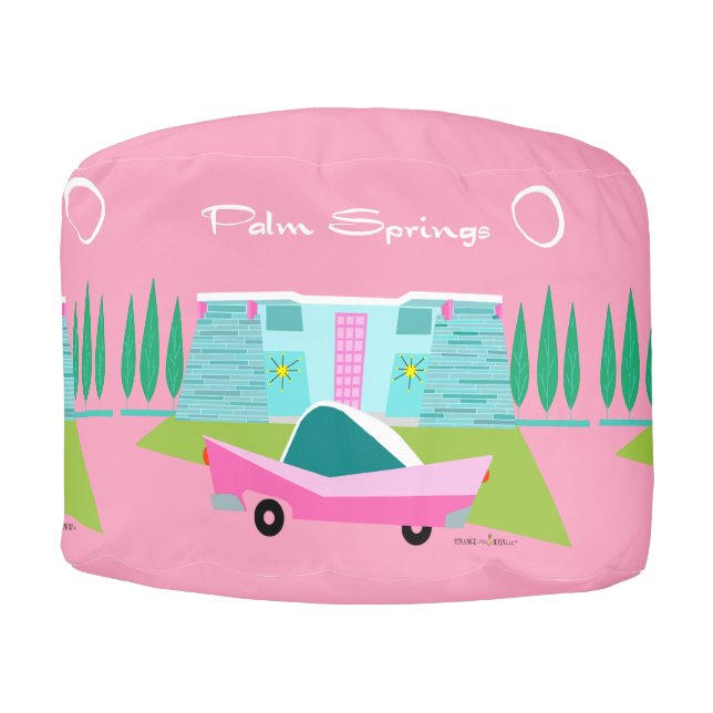 Retro Pink Palm Springs Round Pouf (Front)