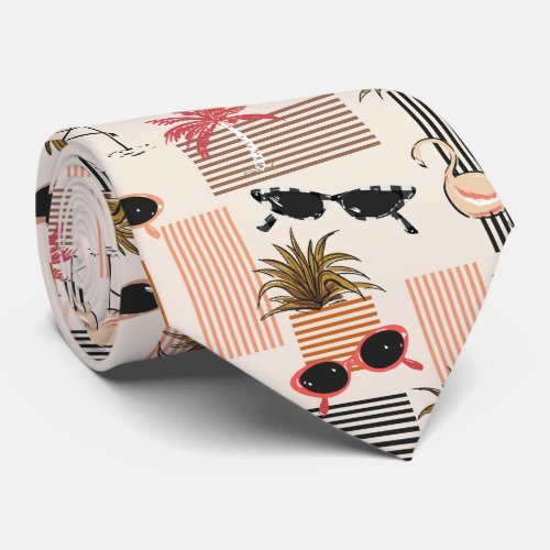 Retro Pink Palms Flamingos Sunglasses Neck Tie