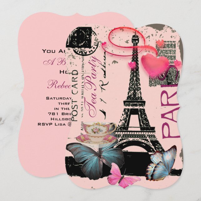 Retro pink Paris eiffel tower bridal tea party Invitation (Front/Back)