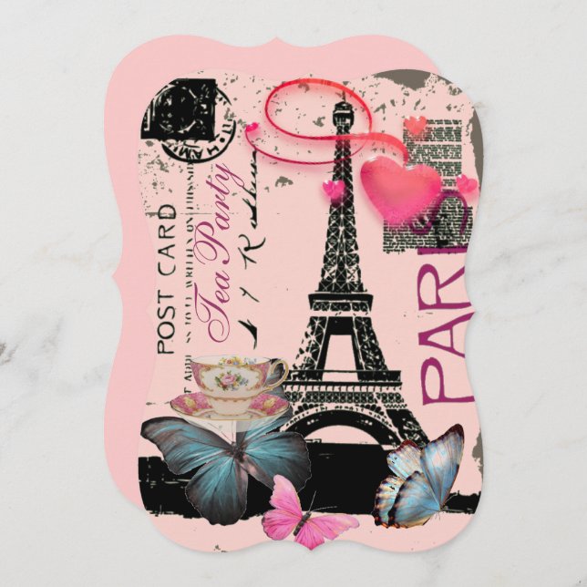 Retro pink Paris eiffel tower bridal tea party Invitation (Front/Back)