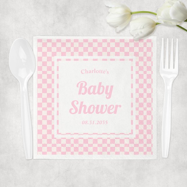 Retro Pink Pastel Check Pattern Girl Baby Shower Napkins (Retro Pink Pastel Check Pattern Girl Baby Shower Napkins
)