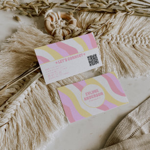 Retro Pink Pastel QR Code 70s Boho Groovy Girly Business Card
