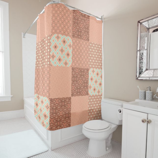 Retro Pink Patchwork Shower Curtain (In Situ)