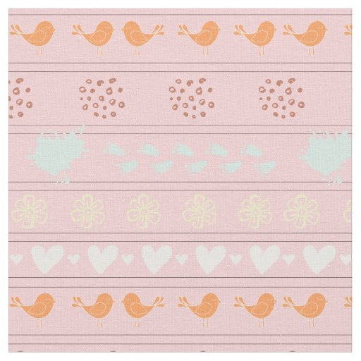Retro pink pattern of birds, dots, flowers, fabric