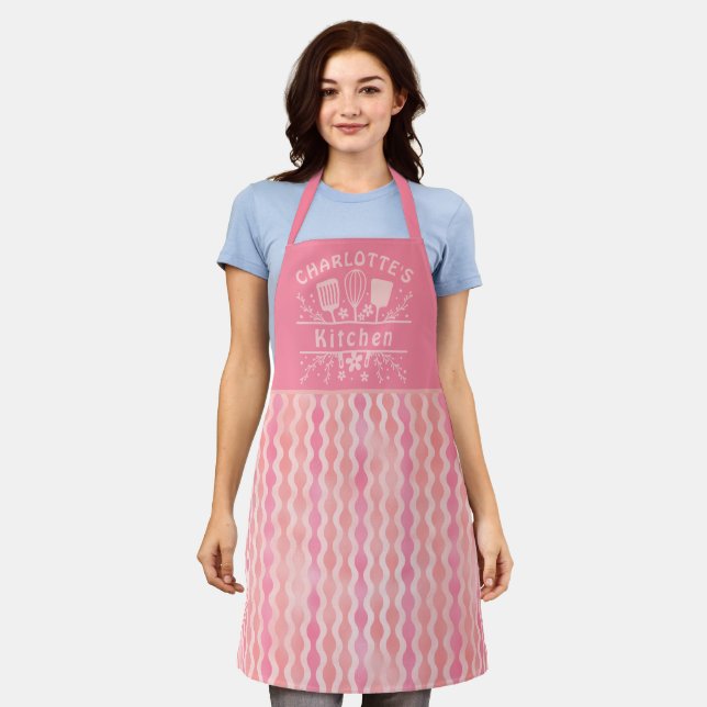 Retro Pink Pattern Personalized Name Women Kitchen Apron (Worn)