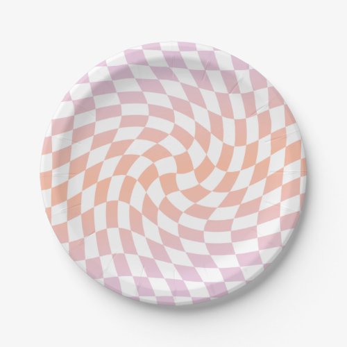Retro Pink Peach Checks Warped Checkerboard   Paper Plates