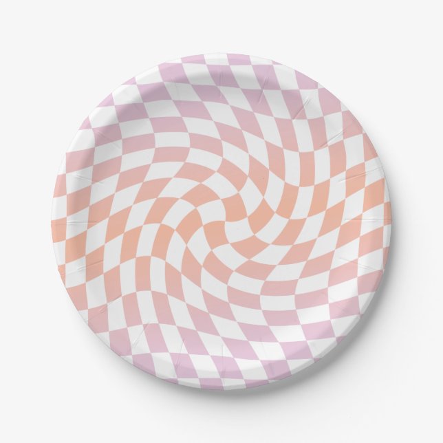 Retro Pink Peach Checks Warped Checkerboard   Paper Plates (Front)