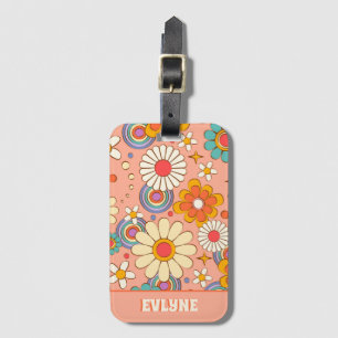 Retro Pink Peach Orange Groovy Floral Trendy Luggage Tag