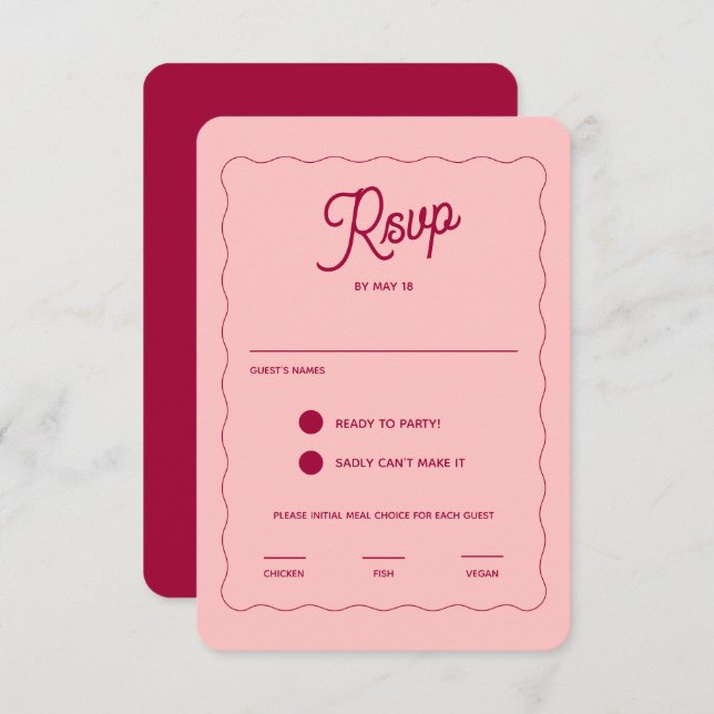 Retro Pink Peachy Fuchsia Wave Frame Wedding Meal RSVP Card (Front/Back)