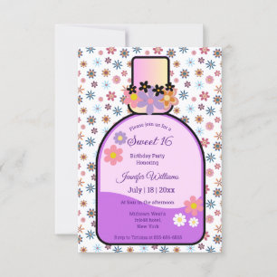 retro pink perfume bottle floral sweet 16  purple invitation