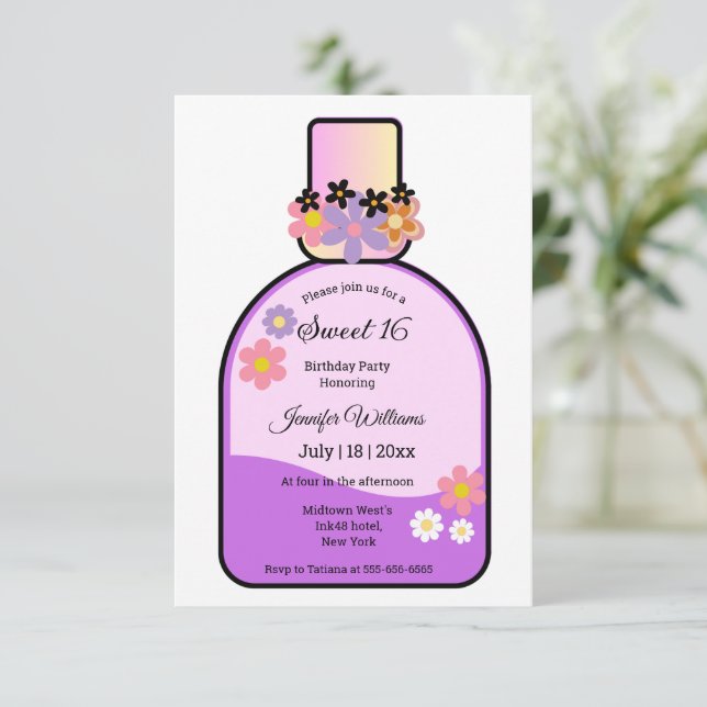 retro pink perfume bottle sweet 16 minimalist invitation (Standing Front)
