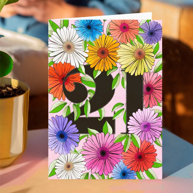 Retro Pink Personalized 21st Birthday Floral Card (Creator Uploaded)