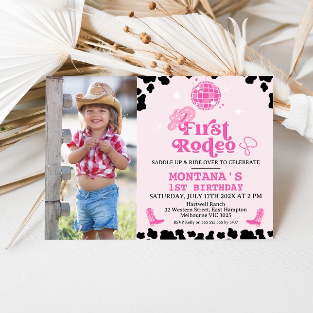 Retro Pink Photo Disco First Rodeo 1st Birthday Invitation (Photo Cowgirl First Rodeo Invitation, 1st Rodeo Invite, Southwestern Ranch Wild West Western Invite)