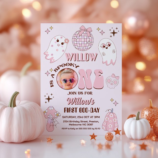 Retro Pink Photo Halloween Spooky One 1st Birthday Invitation (Spooky One Birthday Invitation Pink Template, Halloween 1st Birthday Invitation Retro, Spooky One )